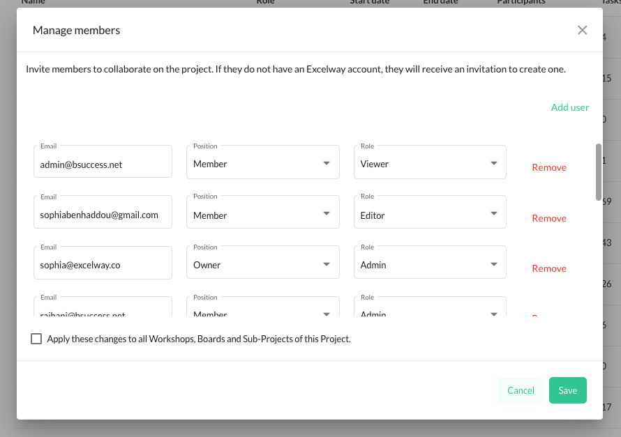 Screenshot showing roles and positions when updating project members in Excelway