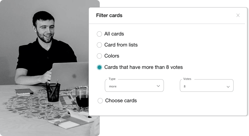 Image and screenshot showing the feature to filter cards during the retrospective