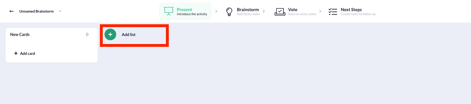 screenshot showing the Add list button in the Blank Brainstorm activity