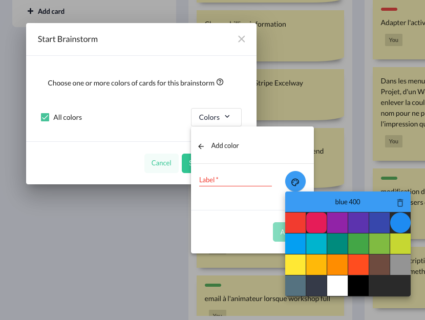 Screenshot showing the color palette from which a facilitator can select a color of sticky notes