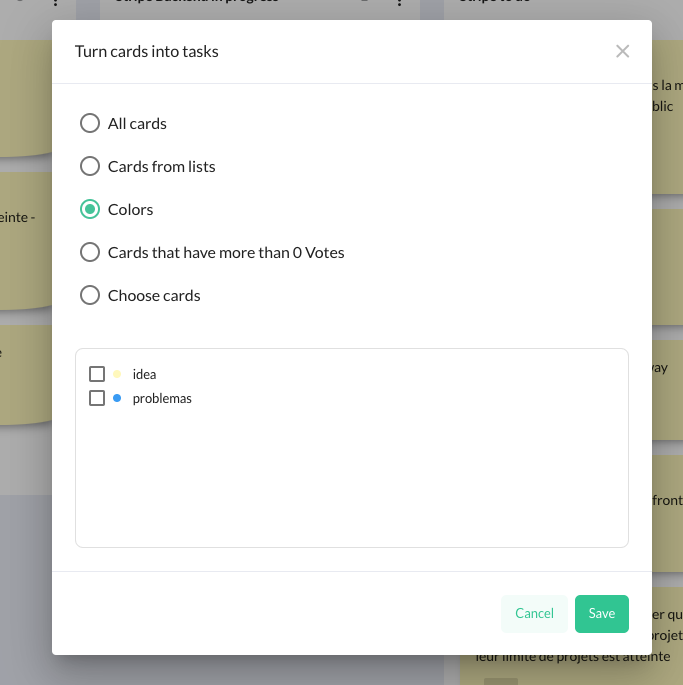 screenshot showing the parameters to select cards in bulk and turn them into tasks