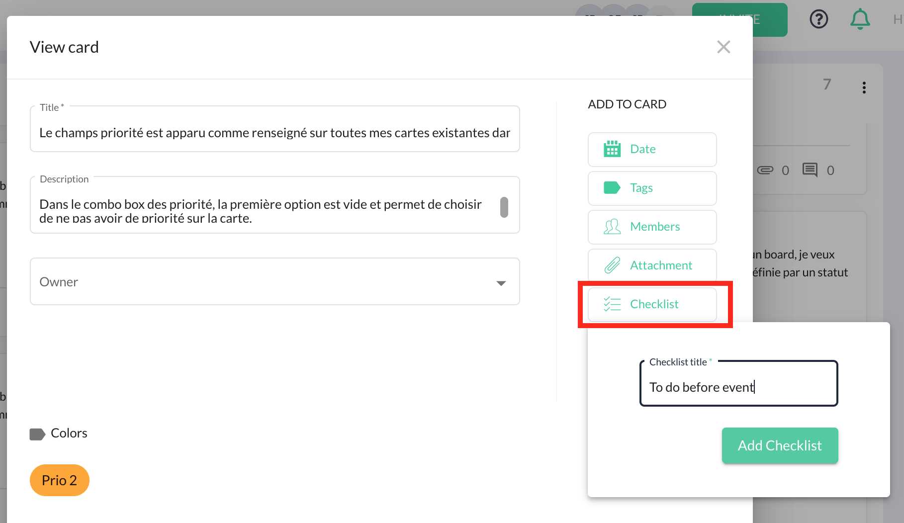 Screenshot showing how to add a checklist